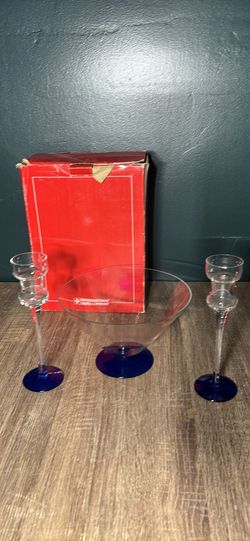 Vintage International Silver Company Crystal Glass Blue Candlesticks & Bowl