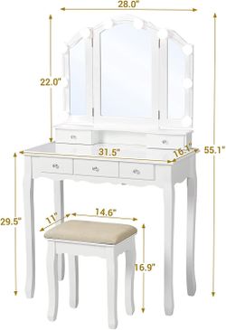 Tiptiper Makeup Vanity Table with Mirror, Storage Cabinet, Dressing Desk 5  Drawers and Shelves, White 