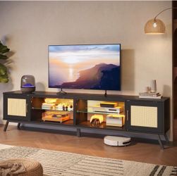 80 in. Black Modern TV Stand with Glass Shelves and 2 Rattan Doors for TVs Up to 85 in. Entertainment Center