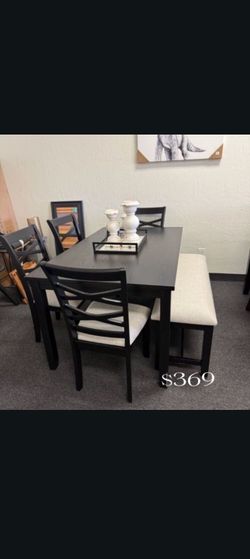 6-pc dining table set with bench black finish