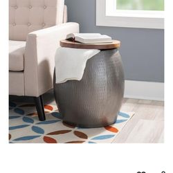 Powell Furniture Powell Reid Metal and Wood Drum Side Table with Storage in Silver