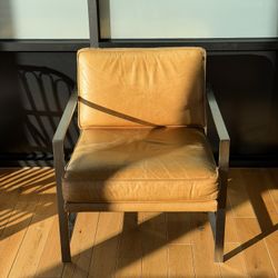 West Elm Industrial Leather Lounge Chair – Metal Frame – Vintage Patina