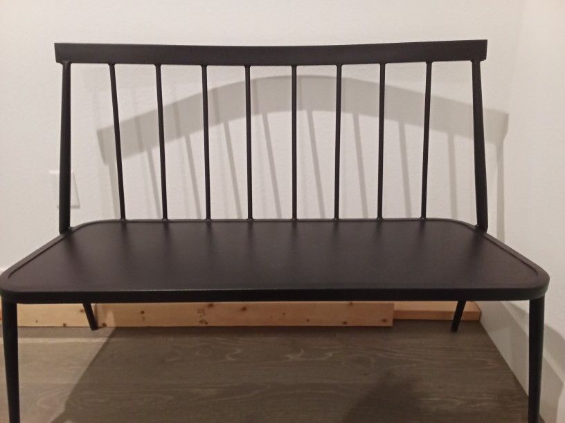 Black Aluminum Bench, Two Penciled Art Pieces and a Tabletop Mirror