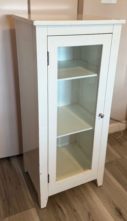 White Single Door Narrow Bathroom Linen Storage Cabinet with Glass Panel