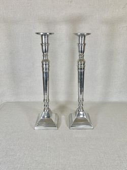 Pair Of Tall Metal Silver Toned Art Deco High End Candlestick Holders 