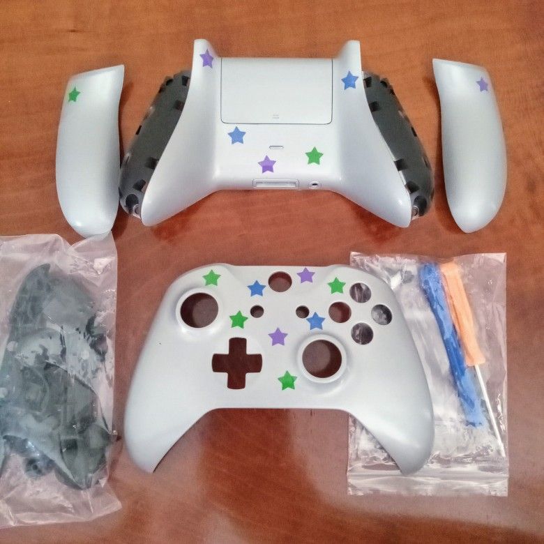 XBOX ONE controller cover shell custom handpainted silver with blue green purple stars and tools