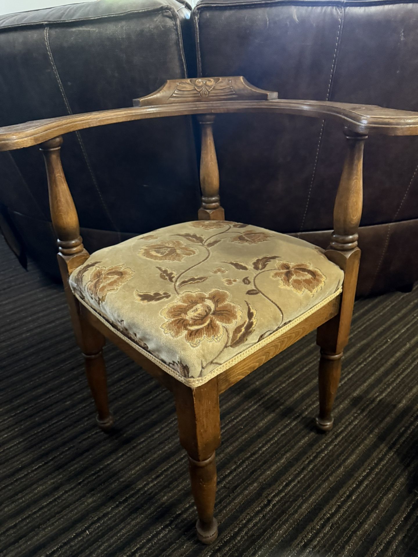 Antique Carved Oak Corner Chair w/ Velvet Floral Seat