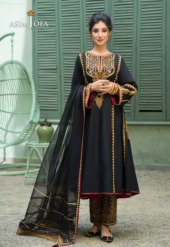 Pakistani/Indian Traditional Black Flared Kalidaar Designer Dress 3pc
