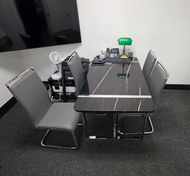 🔥 Nice Modern Black Faux Marble Dining Table With 4 Gray Chrome Chairs