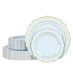 Ciselure 120PCS Blue Plastic Plates, Disposable Plates With Gold Rim