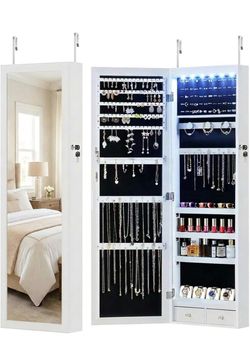 LEDs Mirror Jewelry Cabinet, Wall or Door Mounted Jewelry Organizer