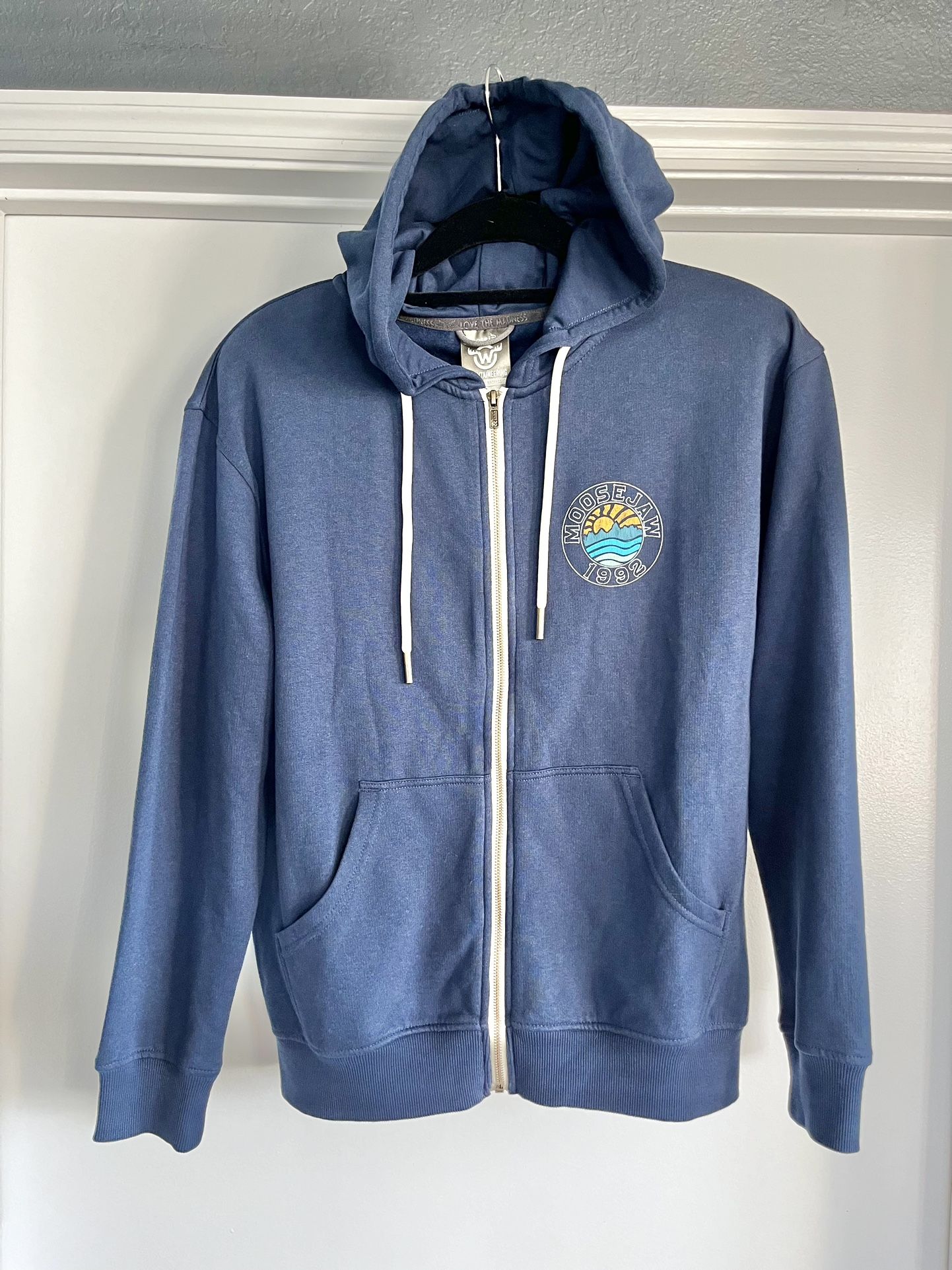 Moosejaw Hoodie Mens M Blue Pullover Sweatshirt Long Sleeve Graphic Full Zipper