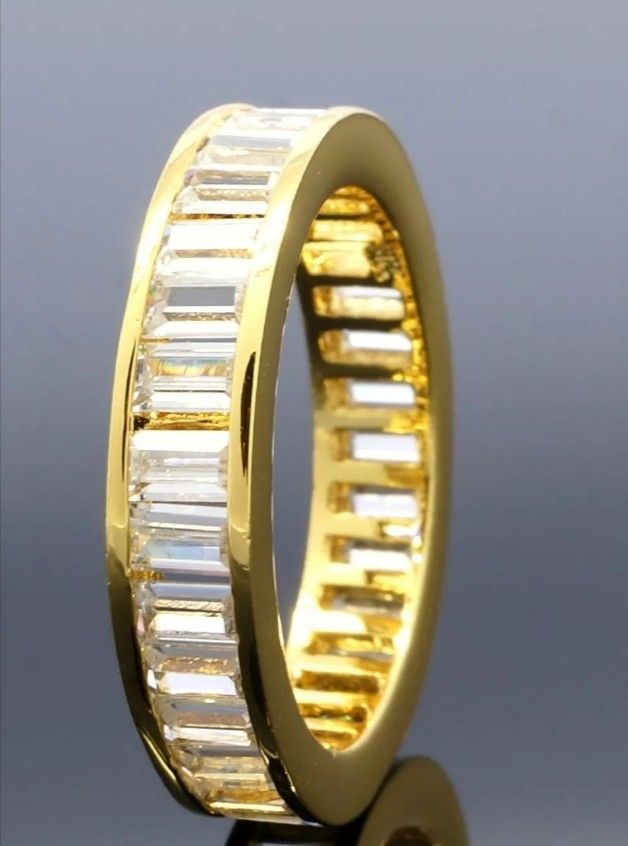 18K Yellow Gold Baguette Cut CZ Womens Eternity Wedding Unisex Band Promise Ring