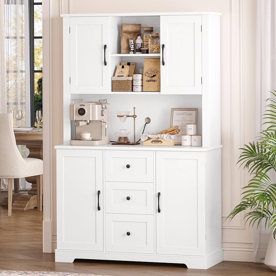 68" Pantry Cabinet with Doors and Shelves, Kitchen Pantry Storage Cabinet with Microwave Stand, Farmhouse Kitchen Hutch with Storage Drawers for Livin