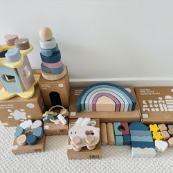 7 Mori Wooden Sets - Shape Sorter, Stacking Rings, Building Blocks, Rattle Ring, Push Along, Rainbow Stacker, Grasping Toy
