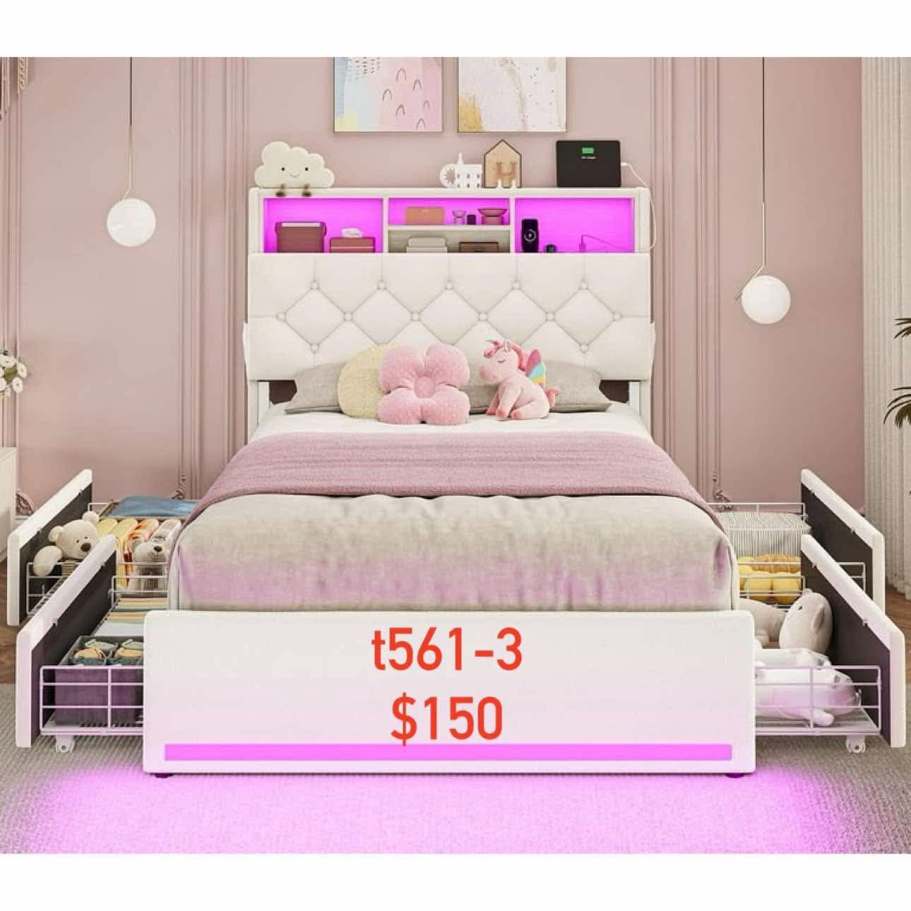 Twin Size Girl Bed with LED Lights & Charging Station,Platform Twin Size Princess Bed Frame with 4 Drawers(561-3)