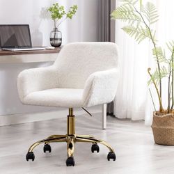 Brand New Faux Fur Office Desk Chair, Comfy Swivel Armchair with Wheels, Upholstered Fuzzy Vanity Chair, Adjustable Height, White 40