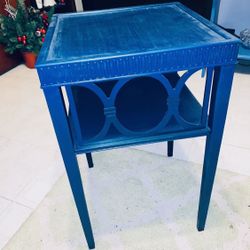 WOOD HIGH BOY ACCENT TABLE 29 Inch X 16 Inch SQUARE TOP HIGH GLOSS BLUE ENAMEL with WOOD DESIGNS EASY TRANSPORT LIGHT WEIGHT