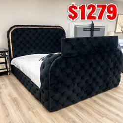 Black queen size bed frame with tv lift