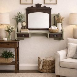 Vintage Solid Wood Mirror with Shelf