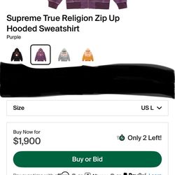 Supreme Collaboration w/ True Religion Purple Zip up hooded sweatshirt Limited edition