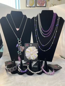 Paparazzi Purple Fun Set. 4 Necklaces, 4 Bracelets, 4 Earrings, And A Hair Clip