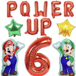 New 12 PCS Super Birthday Balloons Brothers theme Birthday Decoration with POWER UP Letter Balloons For 6th Birthday Party (Red-6th)