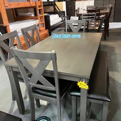 Dining Table Set Grey Wood 4 Chairs & Bench- Comedor Gris