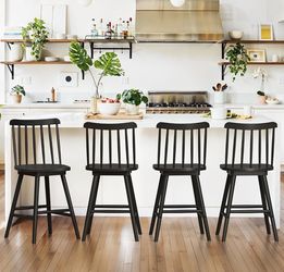 LUE BONA 360° Swivel Bar Stools Set of 4, Black Windsor Barstools, Counter Height Barstool with Spindle Back, 24 inch Farmhouse Wooden Counter Stools 