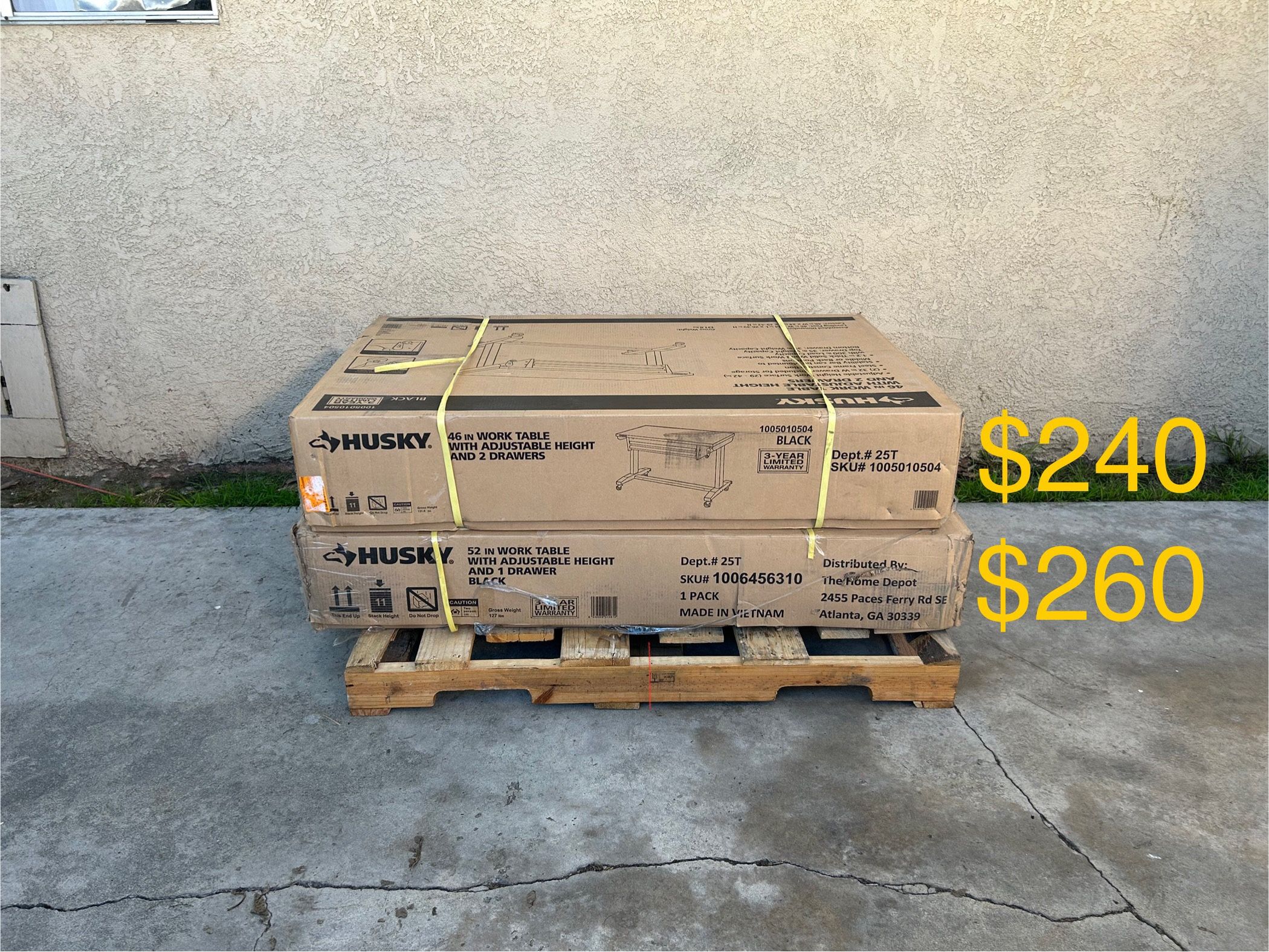 NEW Husky 52” 1-Drawer Adjustable Height Gloss Black Worktable & 46” 2-Drawer Adjustable Height Black Worktable