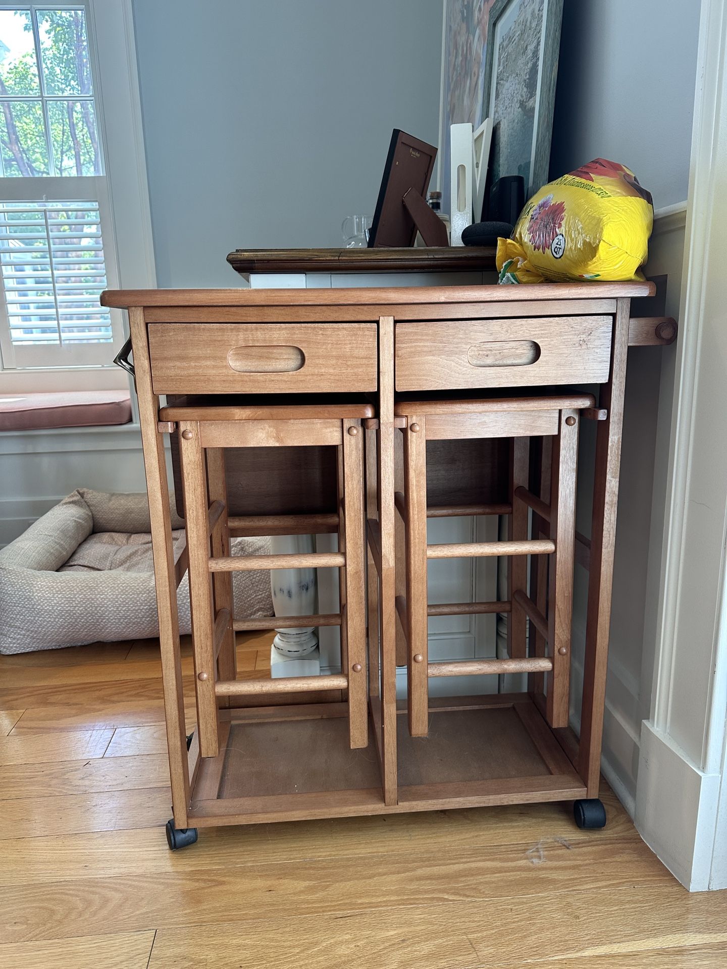 Small Wooden Bar Cart With Two Stools And Collapsible Half Table