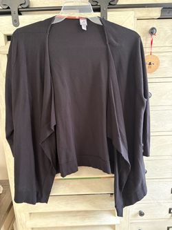 Jcp XL black open front cardigan with draped shawl collar asymmetrical hem. New without tags