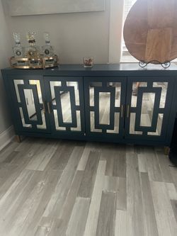 Dark Teal Mirrored 4-Door Sideboard Cabinet