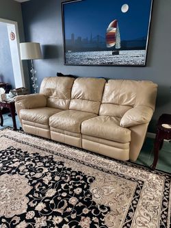 Beige Leather Sofa with Double Recliners