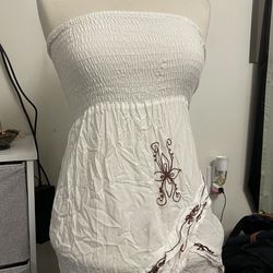 Strapless white mini dress with brown embroidery