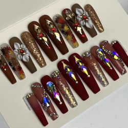XL coffin maroon press on nails rhinestones Matte glitter ombré acrylic flowers