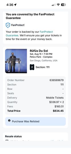 Rufus Du Sol Tickets X 2 Section 111