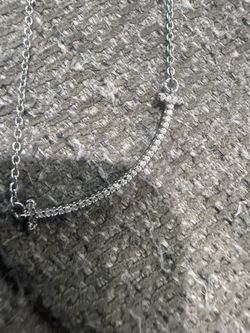 Silver Tone Rhinestone Curved Bar Smile Necklace Adjustable Chain Sparkle