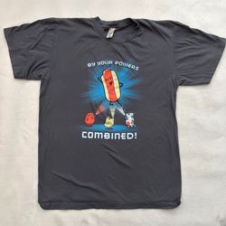 “By your powers combined“ gray men’s hot dog graphic T-shirt, size medium