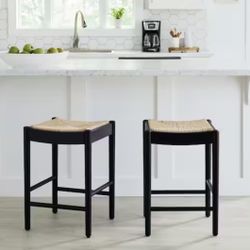 Hamlin Backless Natural Woven Counter Stools in Black (Set of 2)
