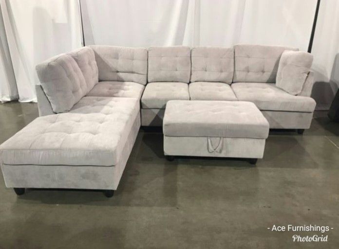 Brand New Grey Chenille Fabric Sectional With Storage Ottoman