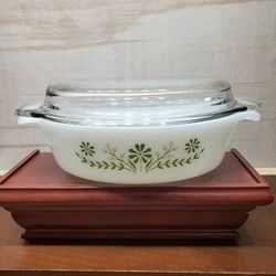 Vintage Jeanette Glass Green Flowers Milk Glass Lidded Casserole Dish
