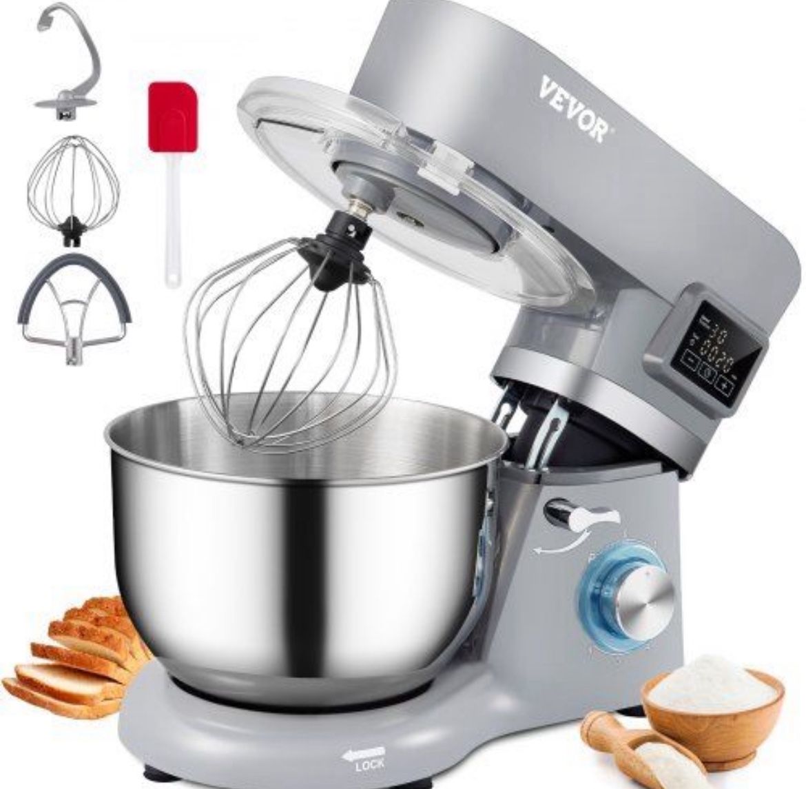 VEVOR Stand Mixer, 660W Electric Dough Mixer with 6 Speeds LCD Screen Timing, Tilt-Head Food Mixer with 5.8 Qt Stainless Steel Bowl, Dough Hook, Flat