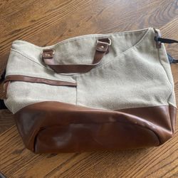 Cooperative Canvas & Faux Leather Travel Tote/Weekender Bag Beige Brown Large Carryall