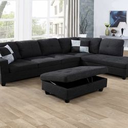 Charcoal Gray Sectional Sofa Right Facing Chaise Storage Ottoman 