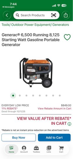 Generac® 6,500 Running 8,125 Starting Watt Gasoline Portable Generator