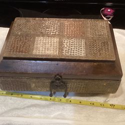 Decorative Box For Storing Personal Treasures Or Dresser Decor - 11 X 7 X 4 1/2 - Real Wood With Metal Overlay On Top - Vintage 