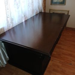DARK BROWN WOOD OFFICE DESK WITH GLASS TOP
