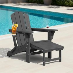 SERWALL Folding Adjustable Adirondack Chair with Retractable Ottoman & 2 Cup Holders for Patio Garden, Grey