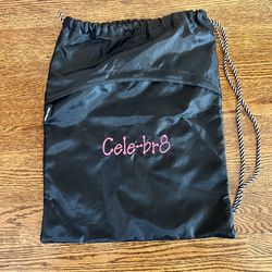 SPIRIT by Thirty-One Black Cinch Bag Pink Embroidered “Cele-br8”. Large opening and front zipper pocket